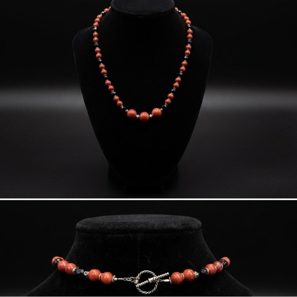 Red Jasper/Sparkling Black Crystal Necklace Artisan Toggle Clasp/Bold Statement